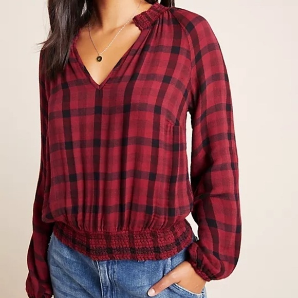 Anthropologie Cloth & Stone Sara Red Black Plaid Long Sleeve Blouse - Sz S - Picture 1 of 14